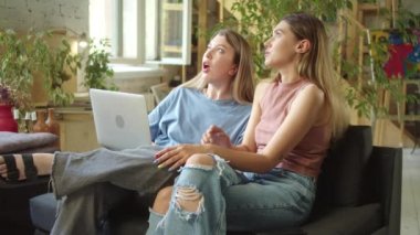 İki genç ve güzel bayan internette dizüstü bilgisayarlarını araştırıyor, tartışıyor ve gülümsüyorlar. Yüksek kaliteli FullHD görüntüler