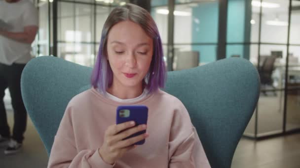 Young Cute Student Sits Chair Repeating Her Speech Performance Close — Stock Video