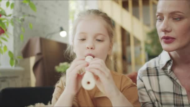 Das Mädchen spielt Flöte und ihre Mutter hilft ihr bei einer Musikstunde — Stockvideo
