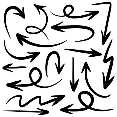 El çizimi ok simgesi beyaz arkaplanda izole edildi. Doodle vektör illüstrasyonu.