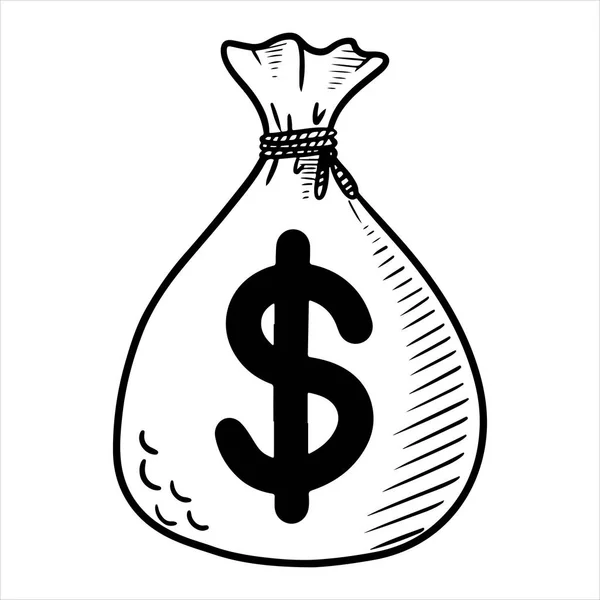Saco Dinheiro Desenhado Mão Com Sinal Dólar Isolado Fundo Branco — Vetor de Stock