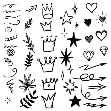 Beyaz arka planda izole edilmiş konsept tasarım için el çizimi karalama elementleri. vektör illüstrasyonu.