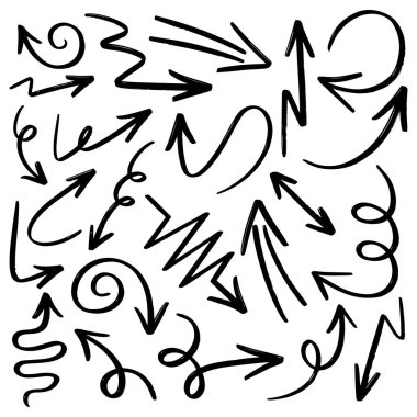 El çizimi ok simgesi beyaz arkaplanda izole edildi. Doodle vektör illüstrasyonu.