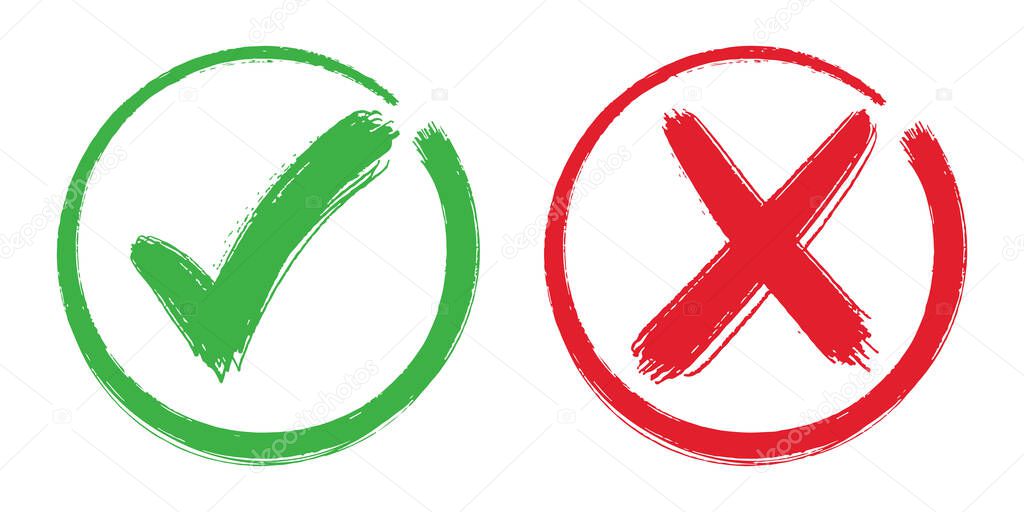 Right and wrong icon. hand drawn of Green checkmark and Red cross isolated on white background. Vector illustration.