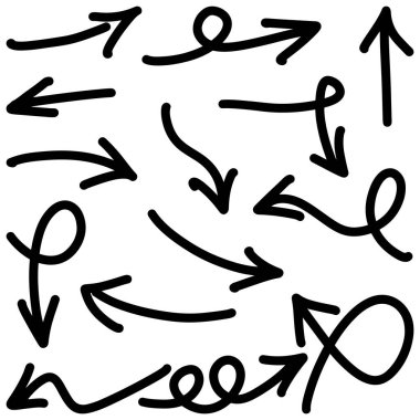 El çizimi ok simgesi beyaz arkaplanda izole edildi. Doodle vektör illüstrasyonu.