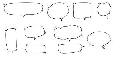 El yapımı konuşma baloncukları izole edildi. Doodle kümesi elemanı. Vektör illüstrasyonu.