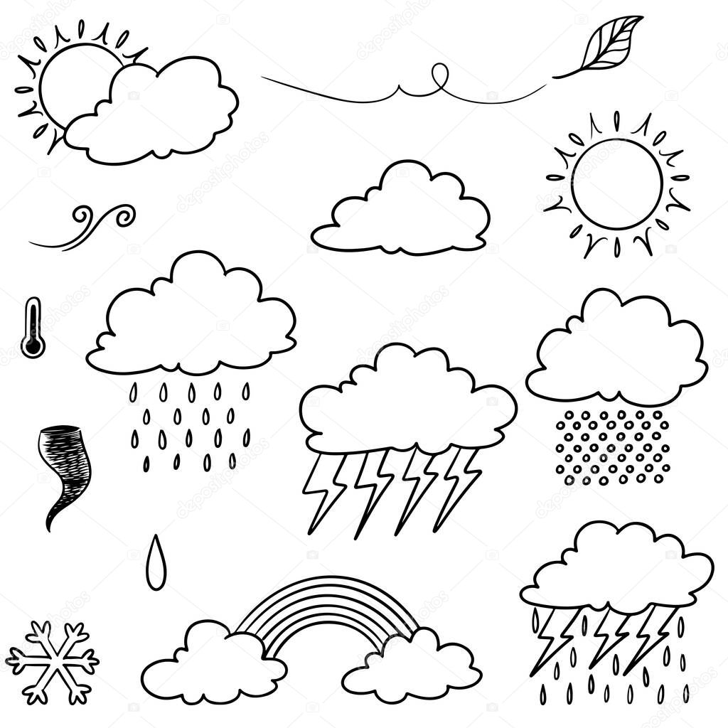 Collection of hand drawn doodle weather icons isolated on white background.