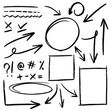 Çizgiler, oklar, daireler ve eğriler vektörü. El çizimi tasarım elementleri bilgi için beyaz arkaplanda izole edildi. vektör illüstrasyonu.