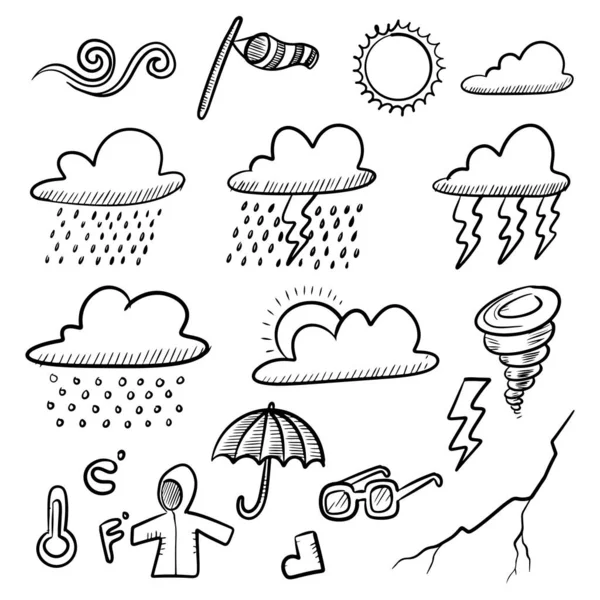 Colección Iconos Dibujados Mano Doodle Weather Aislados Sobre Fondo Blanco — Vector de stock