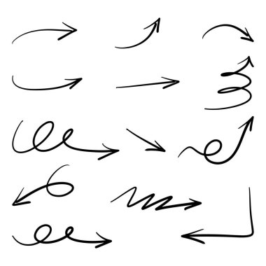 El çizimi ok simgesi beyaz arkaplanda izole edildi. Doodle vektör illüstrasyonu.