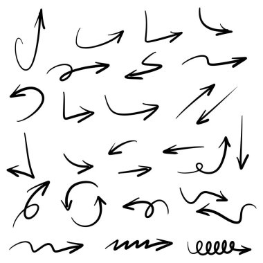 El çizimi ok simgesi beyaz arkaplanda izole edildi. Doodle vektör illüstrasyonu.