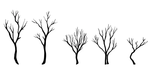 Set Handgetekende Vectordoodle Naked Trees Silhouetten Schetsen Illustraties Vectorillustratie — Stockvector