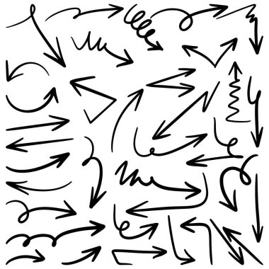 El çizimi ok simgesi beyaz arkaplanda izole edildi. Doodle vektör illüstrasyonu.