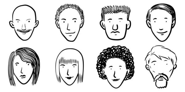 Reihe Von Niedlichen Und Vielfältigen Handgezeichneten Gesichtern Isoliert Auf Weißem — Stockvektor