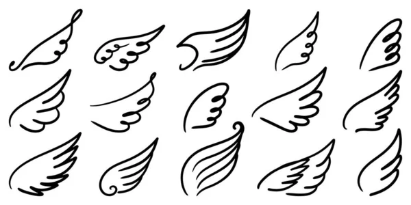 Set Abstract Wings Line Art Doodle Style Isolated White Background — 스톡 벡터