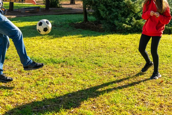 Poten van vader en dochter die voetballen op het gras van een mooi park op een zonnige winterdag. Leuk concept. — Stockfoto