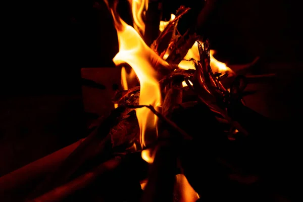 Hermosa formación de fuego creada por la quema de algunas cañas secas formando llamas espectaculares y brillantes en la oscuridad de la noche. Concepto de belleza y destrucción. —  Fotos de Stock