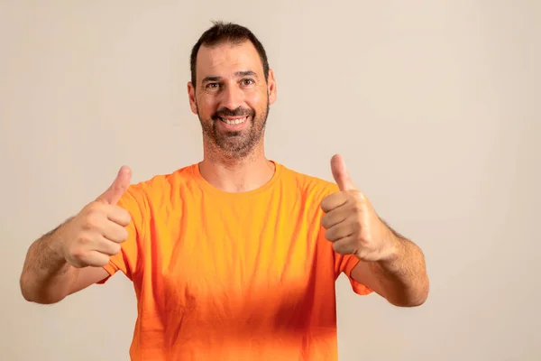 Handsome Unkempt Unshaven Out Shape Man Poses Thumbs While Smiling — Fotografia de Stock