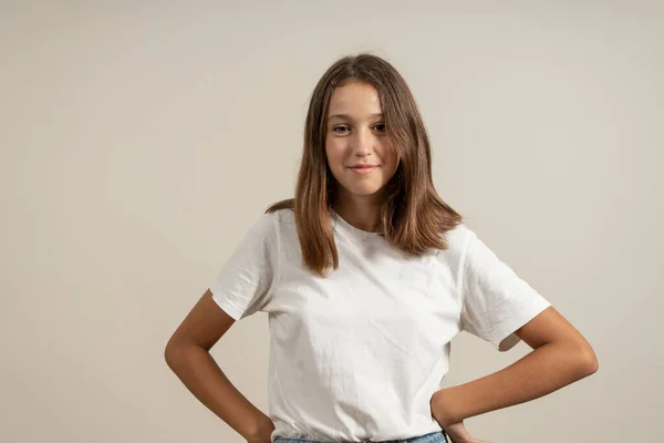 Cute Spanish Girl Brunette Hair Looking Camera Arms Akimbo Isolated — Stok fotoğraf