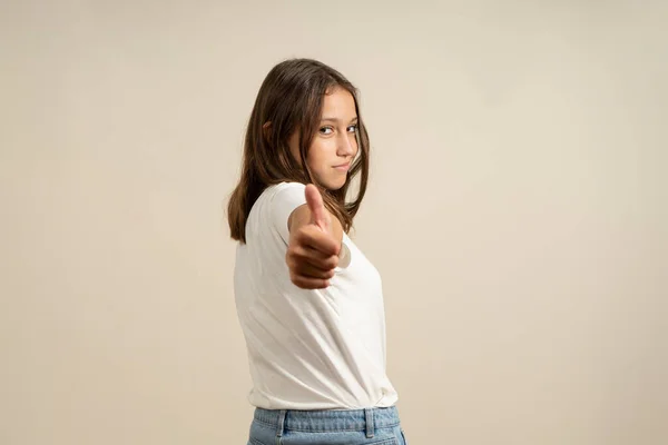 Photo Funny Brunette Teenage Girl Pointing Camera White Shirt Isolated Imagens Royalty-Free