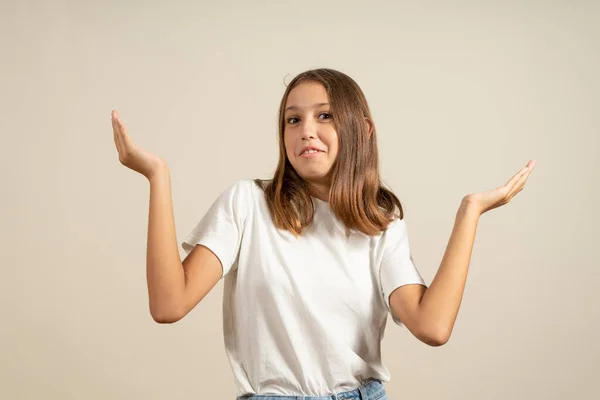 Close Portrait Brunette Teenage Girl Raised Hands Indignation Gesture Isolated — Fotografia de Stock