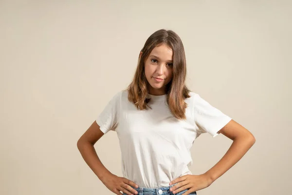 Cute Spanish Girl Brunette Hair Looking Camera Arms Akimbo Isolated — Fotografia de Stock