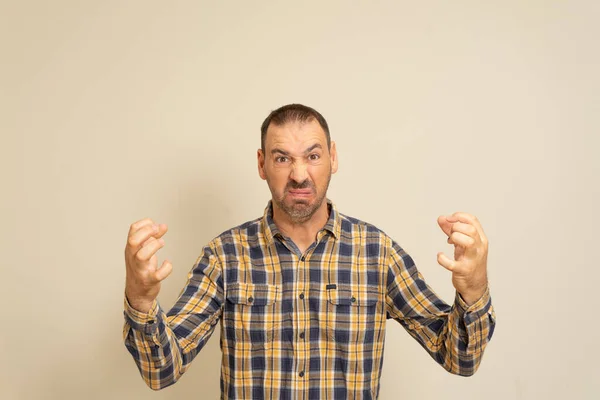 Image Angry Guy Plaid Shirt Wanting Strangle Someone Raising His — Foto de Stock