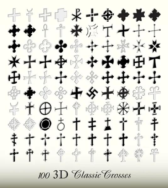 Collection of 100 isolated classic cross in three dimensions (perspective view). — Stock Vector