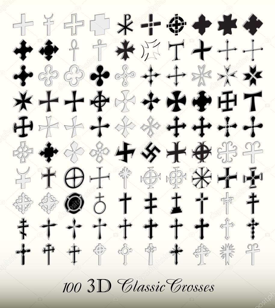 Collection of 100 isolated classic cross in three dimensions (perspective view).