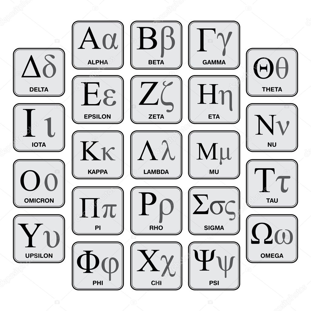 Hand-made chart of Greek alphabet and symbolic notifications. Ideal for learning, publications and education.