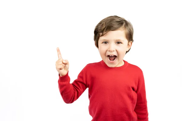 Portrait Cheerful Boy Pointing Right Isolated White Background — Stock Photo, Image