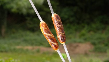 Ormanın arka planında kebap şişi üzerinde iki sosis..