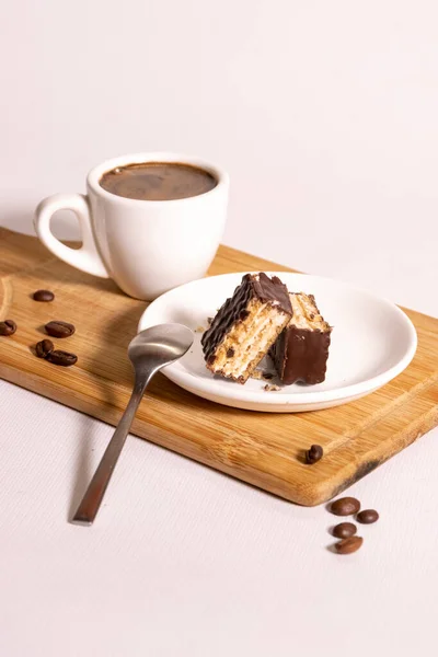 Tasse Blanche Avec Café Gaufres Chocolat — Photo