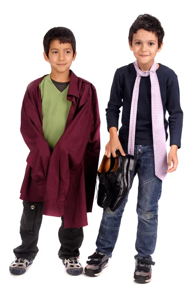 Boys dressing father's suit — Stock Photo, Image