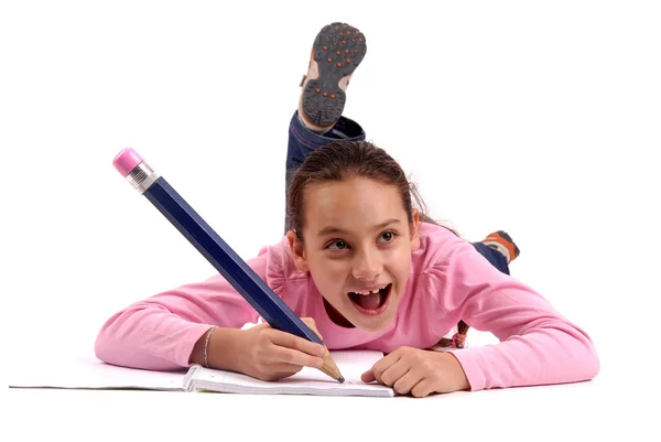 Schoolgirl with pencil isolated on white — Stock Photo, Image