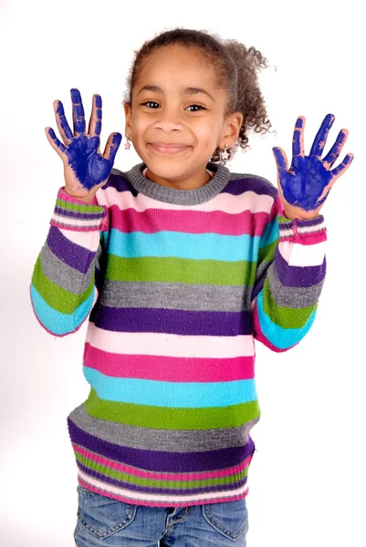 Niña de cinco años con las manos pintadas — Foto de Stock
