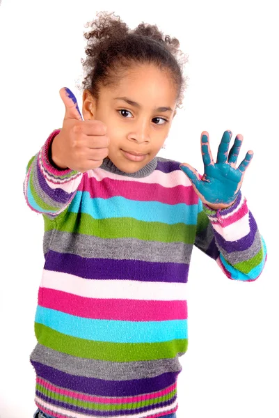 Vijf jaar oud meisje met handen geschilderd — Stockfoto