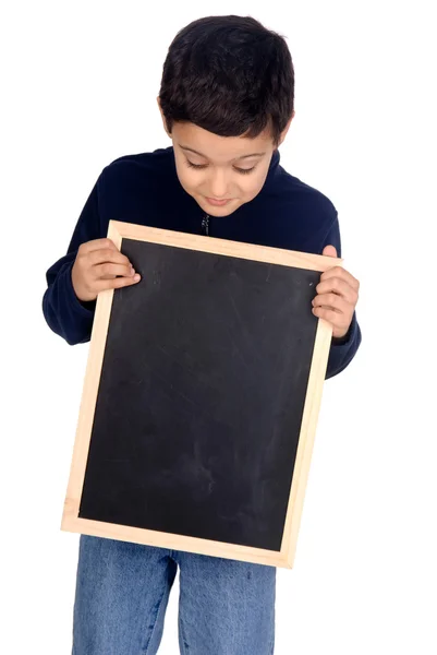 Niño pequeño sosteniendo una pizarra negra — Foto de Stock