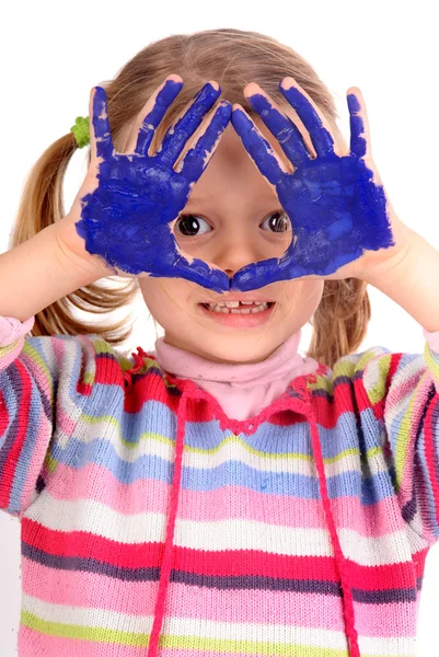 Fünfjähriges Mädchen mit bemalten Händen — Stockfoto