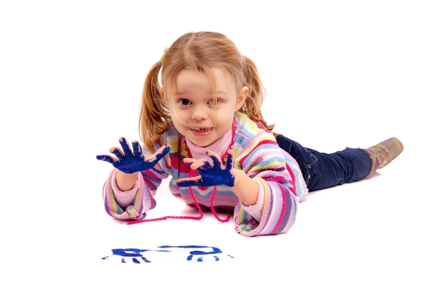 Five year old girl with hands painted — Stock Photo, Image