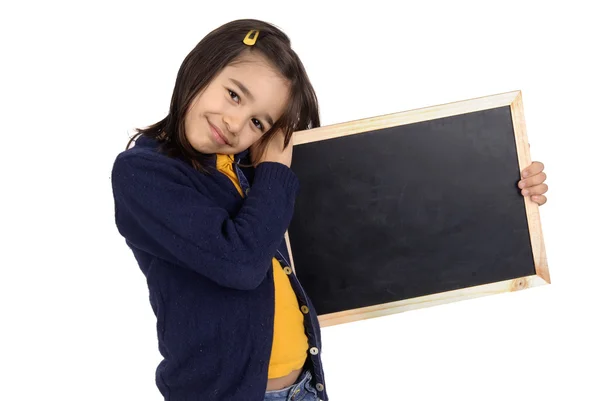 Menina segurando um quadro negro — Fotografia de Stock