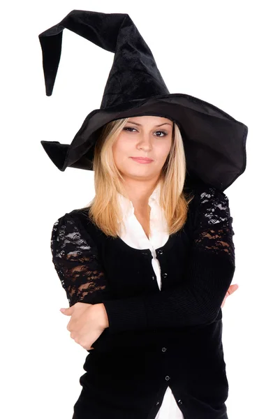 Mujer joven en traje de bruja — Foto de Stock