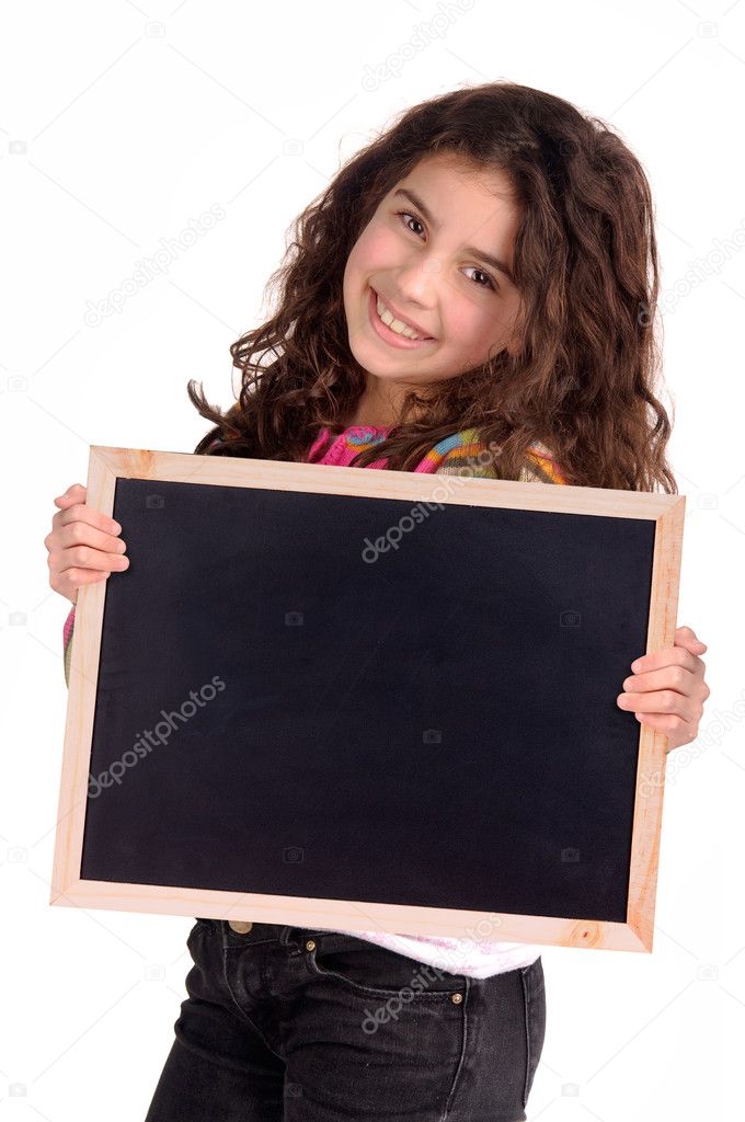 little girl holding a blackboard