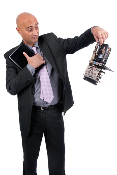 Homme d'affaires tenant CPU et ordinateur portable — Photo