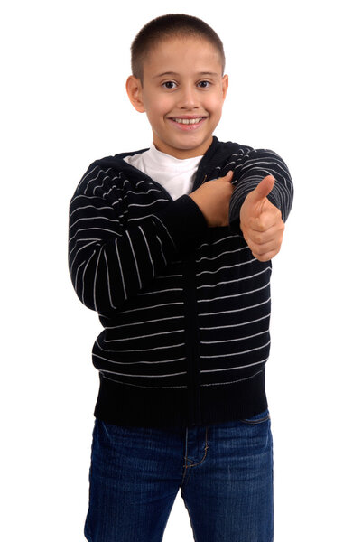 boy isolated in white and showing good sign