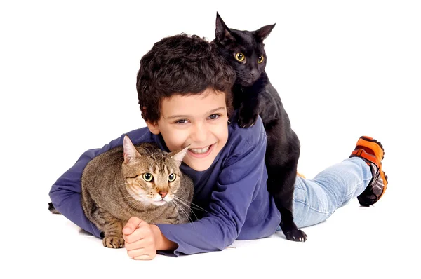 Garçon avec des chats — Photo