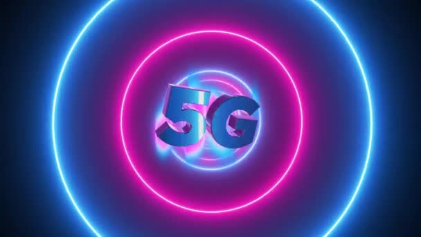 抽象的な背景を持つシンボル5G サークル型ネオンループアニメーション 3Dレンダリング — ストック動画