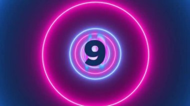 10 'dan 0' a geri sayım zamanlayıcısı, soyut arkaplan, daire şeklinde neon ışıklar döngüsü animasyonu. 3d hazırlayıcı