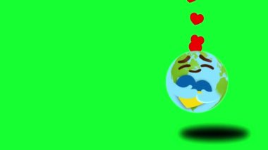 Büyük parlak gözleriyle dünya gezegenini önemseyen, Ukrayna bayrağıyla bir kalbe sarılan, her iki eli de özen gösteren, yüzen kalpler, yeşil arka plan, krom anahtar.