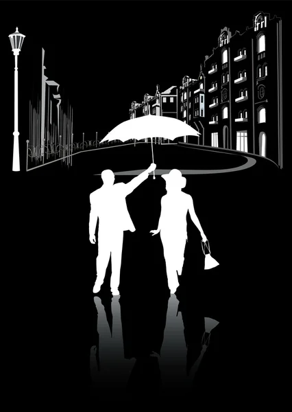 Bărbat și femeie mergând în oraș noaptea în ploaie — Vector de stoc